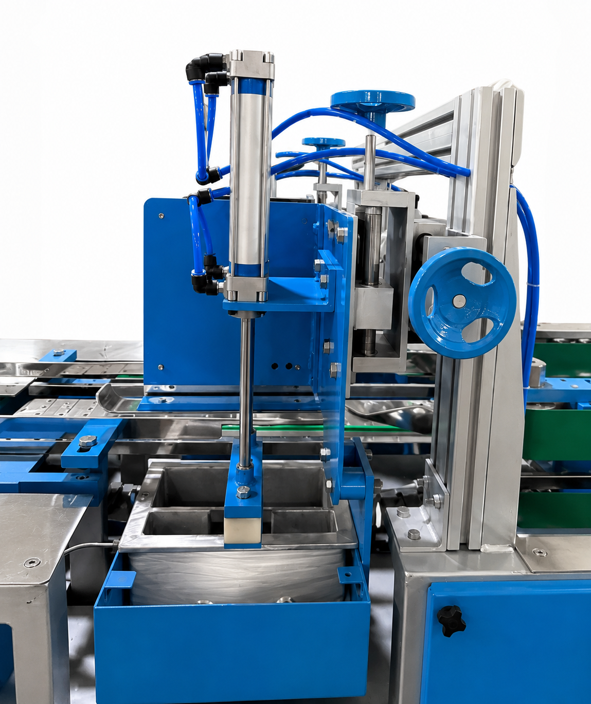 Box Pasting Machine — pneumatic applicator over the hot melt adhesive tank